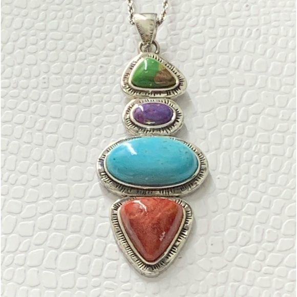 Designer NF 925 Sterling Silver Multicolor Stone Pendant  Necklace - 18” - Picture 1 of 13